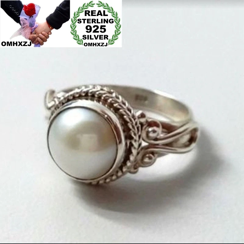 

OMHXZJ Wholesale European Fashion Hot Woman Girl Party Birthday Wedding Gift Vintage Round Pearl 925 Sterling Silver Ring RR842