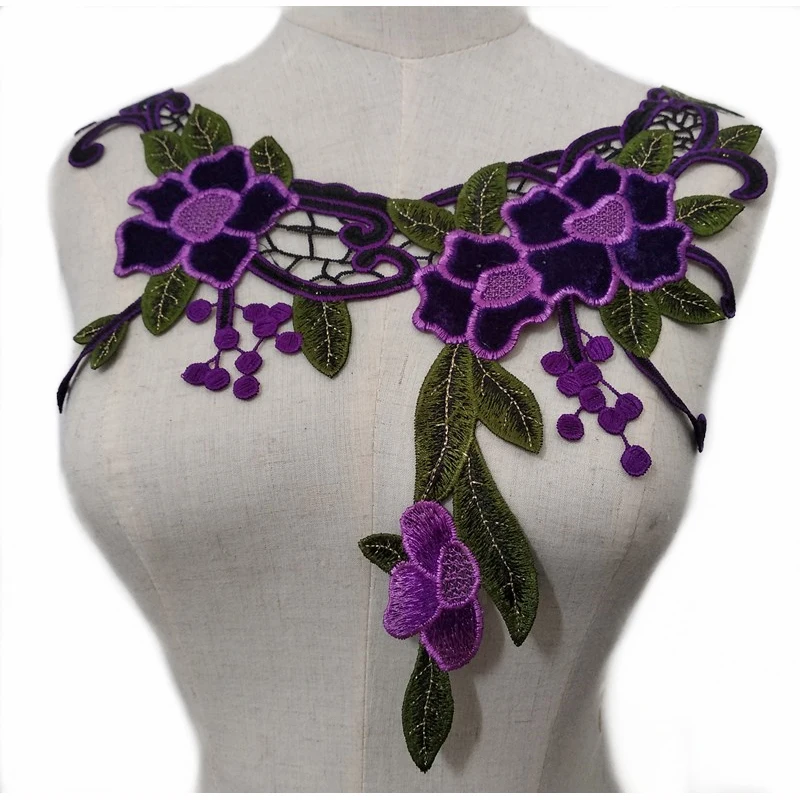 1 Pc Purple Embroidery Neckline Collar Venise Lace Flowers Neckline Applique Trim, Lace Fabric Sewing Supplies