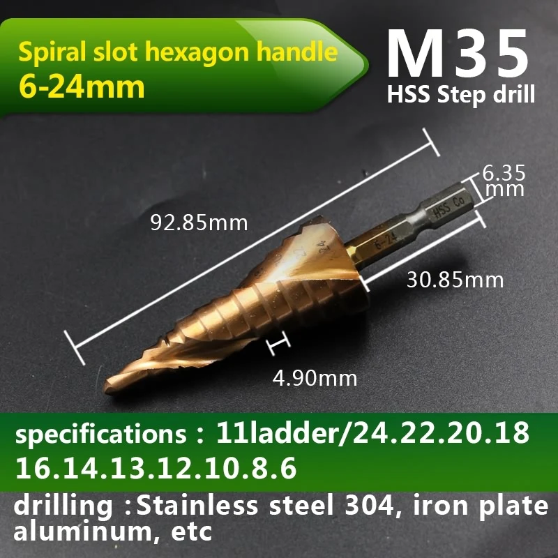 JIGONG HSS-CO M35 Hexagonal Shank Spiral Groove Step Drill Bit Metal Cone Step Drill Bit Stainless Steel Hole Saw Hole Cutter