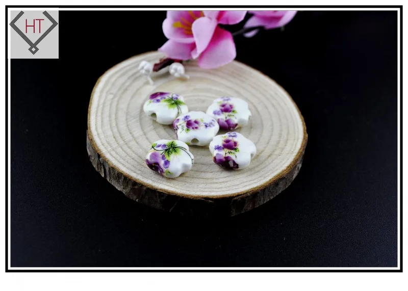 Chinoiserie 15mm 10pcs Purple Flower Printing Ceramic Beads,Flat Loose Beads For Jewelry making Diy