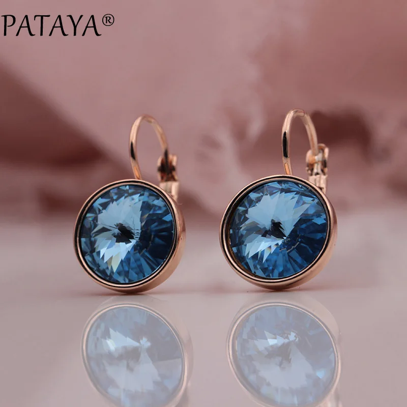 PATAYA 328 Anniversary 585 Rose Gold Color Round Crystal Dangle Earrings Women Wedding Party Luxury Fine Jewelry Accessories