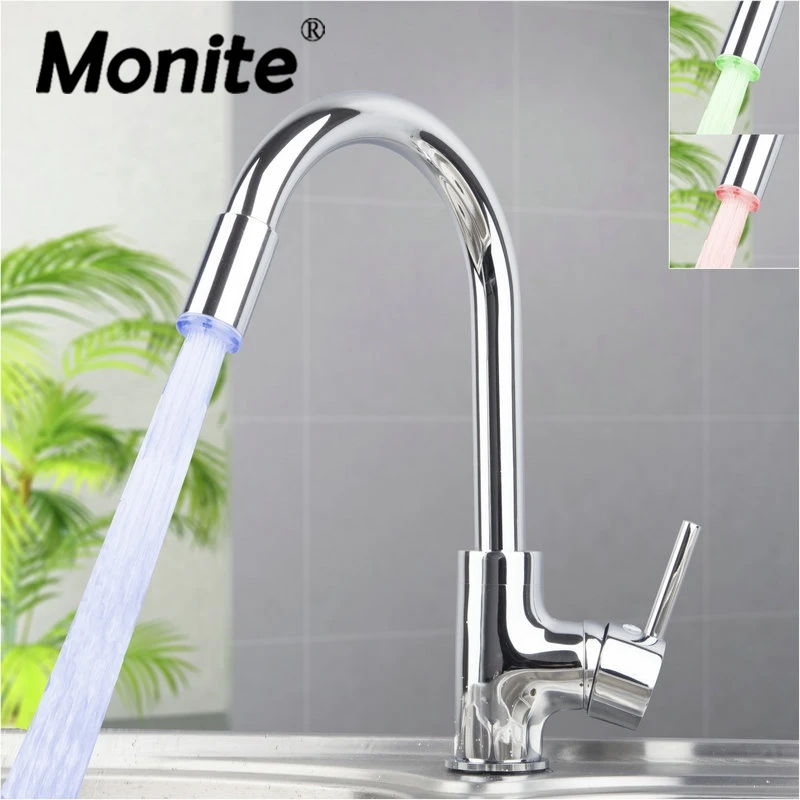 

Monite Swivel LED Rotated Kitchen Faucet 360 Degrees Chrome Brass Kitchen Mixer Basin Sink Faucet Cold and Hot Water Mixer Tap