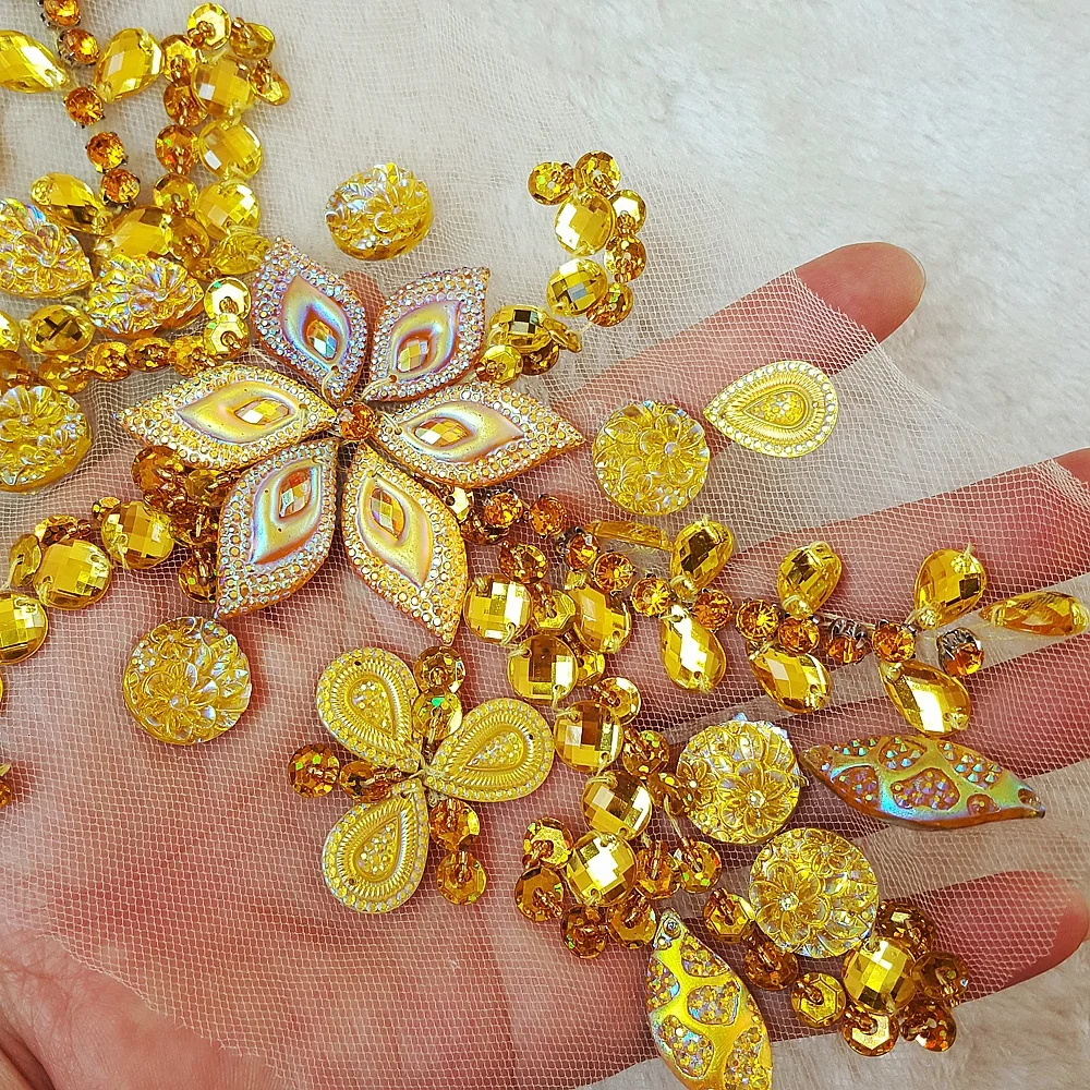 GORGEOUS 10x24cm Yellow Crystal Rhinestone Beaded Designer Patches Sew-on Applique Sequins DIY Wedding for Belt Waist Decoration