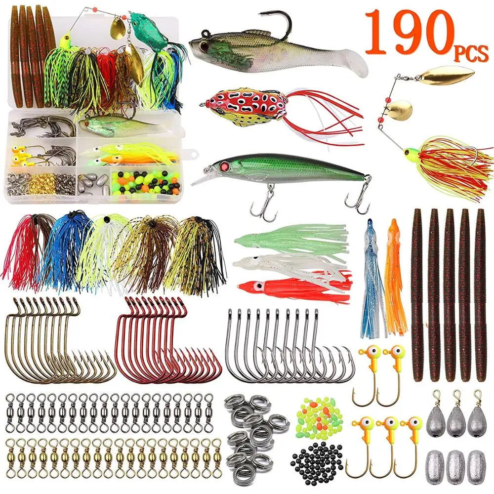 Bass Fishing Kit Tackle Lures 190pcs Bass Lures Spinnerbait Topwater Minnow Hooks Jigs Worms Weights Split Rings Swivels Tackle