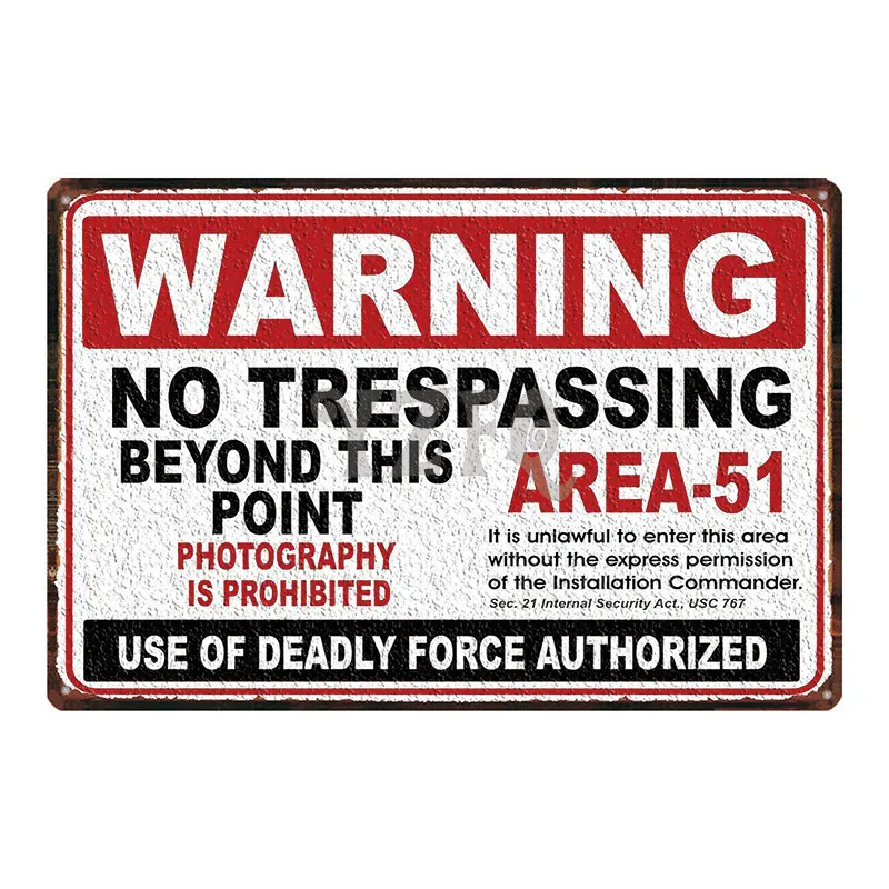 Area 51 Warninng No Trespassing  Retro Metal Sign  Wall kitchen  Home Art Vintage Decor Metal Poster 30X20CM DU-2853