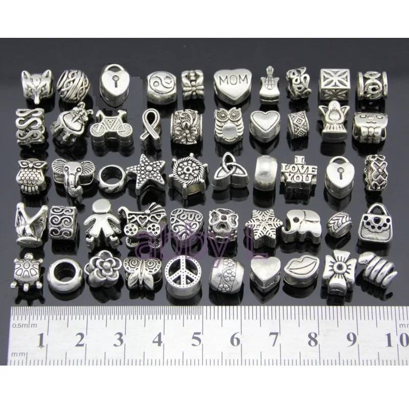 

100 Pcs/Lot 50 Style Mix Owl Flower Peace Heart Bag Star Elephant Butterfly Charm Beads For European Bracelet Jewelry DIY