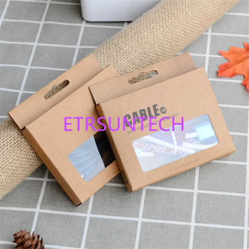 300Pcs/Lot 9.5x7.5x1.5cm Date Cable Packaging Cardboard Boxes Kraft Paper Data Line Packing Window Box With Hang Hole