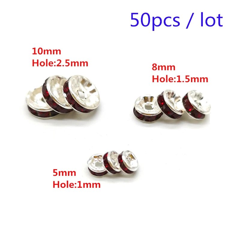 5/8/10mm 50pcs White Rhinestone Rondelles Loose Spacer Beads Metal Crystal  for Jewelry Making DIY Accessories