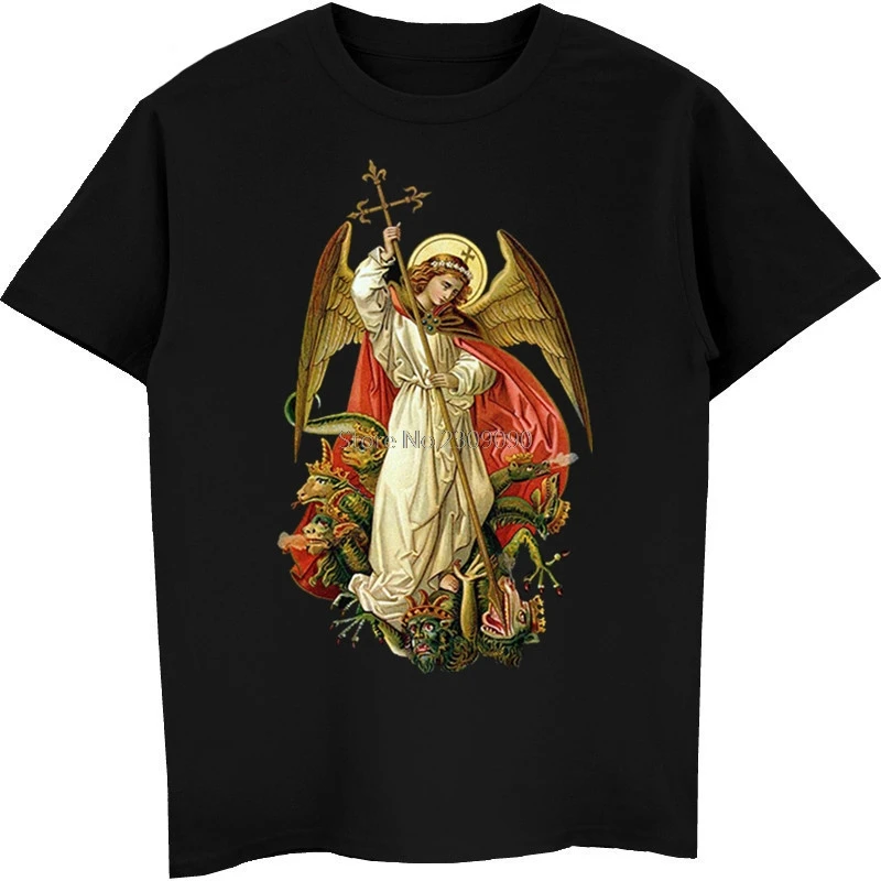 Saint Michael Destroy The Devil Catholic Christian T Shirt Men's Cotton Short Sleeve T-shirt Hip Hop Tee Top Harajuku Streetwear