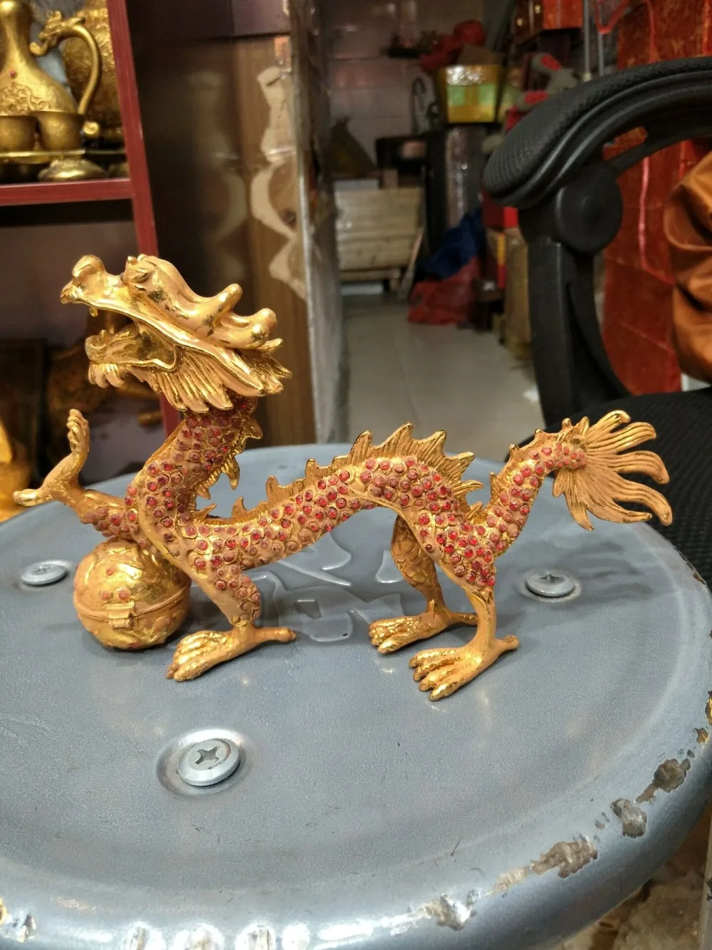 Antique QingDynasty Gold dragon&gem statue  found near the tomb of the emperor,Hand-carved crafts,best collection& adornment