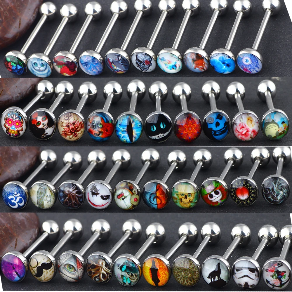 TIANCIFBYJS Surgical Steel Metal Lot of Logos Tongue Rings Straight Barbells Ear Body Piercing Jewelry 14g - Length 5/8