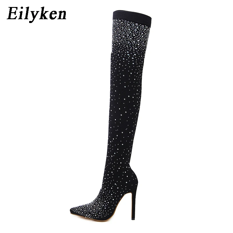 Eilyken Fashion Runway Crystal Stretch Fabric Sock Over-the-Knee Boot Thigh High Pointed Toe Woman Stiletto Heel Shoes