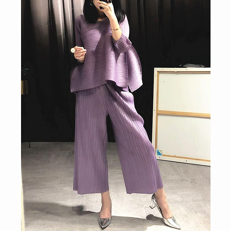 Changpleat loose women sets Miyak Pleated fashion Solid wide leg pants and T-shirts Two pieces Female Suits Plus Size Tide