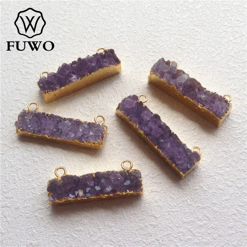 

FUWO Natural Double Bails Amethysts Bar Pendant With Golden Filled Edge Rough Purple Quartz Cluster Jewelry Wholesale PD193