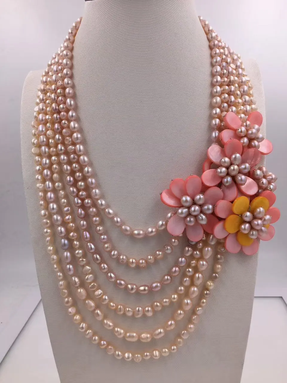 6rows freshwater pearl pink  & shell flower necklace 18-22inch nature   gift baroque wholesale beads FPPJ