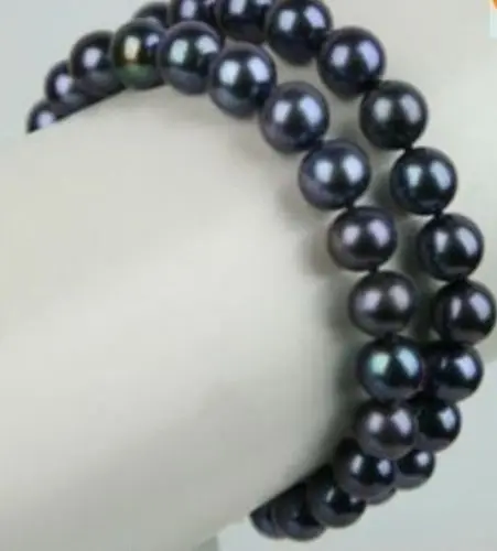 

Free shipping Stunning AAA 2row 8-9mm tahitian black pearl bracelet 7.5 INCH