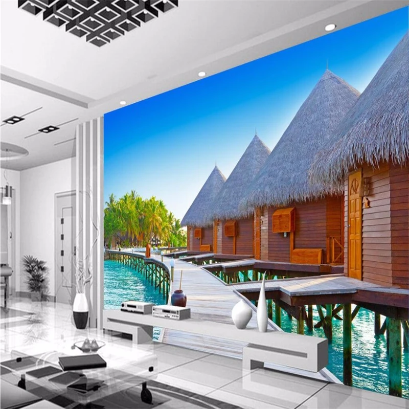 beibehang wall paper mural decor photo backdrop photography 3D stereo Wooden beach huts living room hotel coffee wall painting