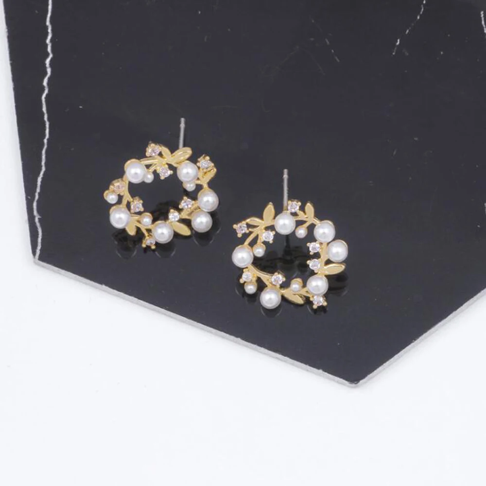 GRACE JUN New Arrival CZ  Pearl Clip on Earrings and Pierced Earrings for Women Party Wedding Elegant Wreath Earrings Hot Sale