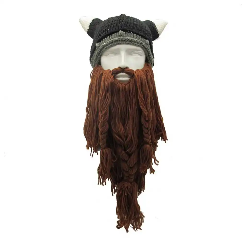 Funny Men Vikings Beanies Knit Hats Beard Ox Horn Handmade Knitted Men's Winter Hats Warm Caps Women Gift Party Mask Cosplay Cap