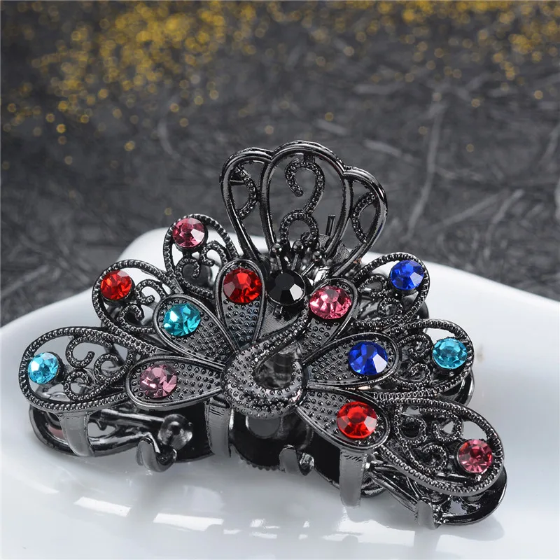 Vivid Peacock Hair Claws For Women Vintage Hair Jewelry Charm Big Rhinestone Crystal Crab Clip Wedding Hair Accessories Hairpin