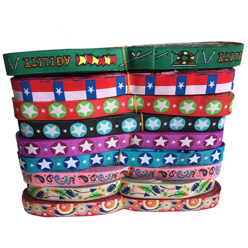 21 different colors National flag star wholesale 5/8 \'(16 mmx5yards) Polyester Woven Jacquard Ribbon with Agility for dog collar