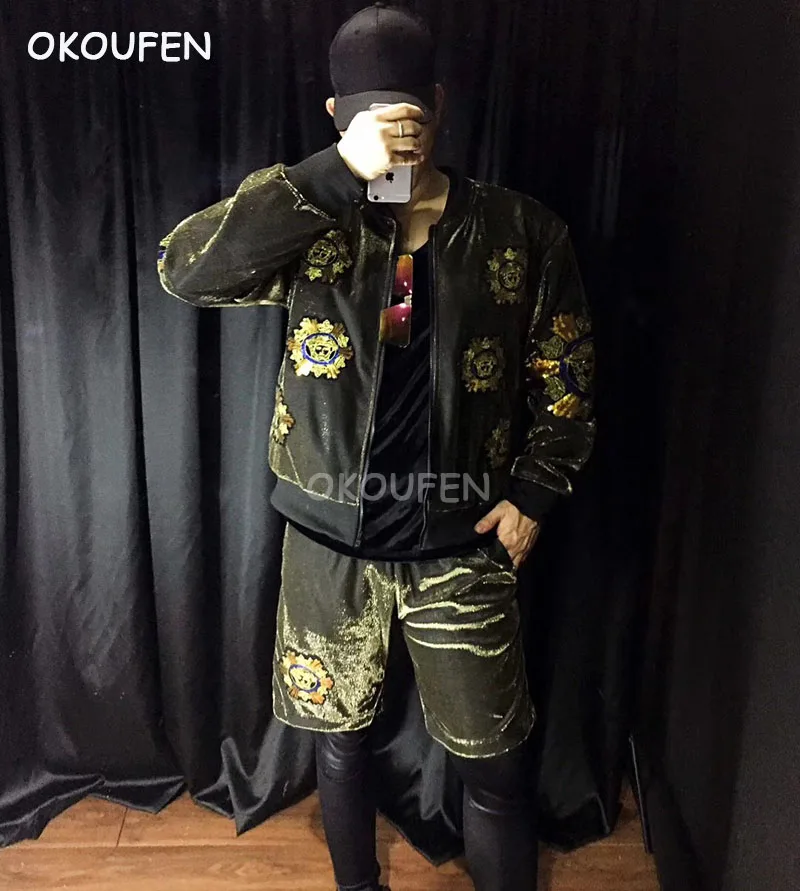 

Nightclub Male Singer DJ blue purple embroidery loose jacket costume suit Stage show hip hop dance wear men performance clothing