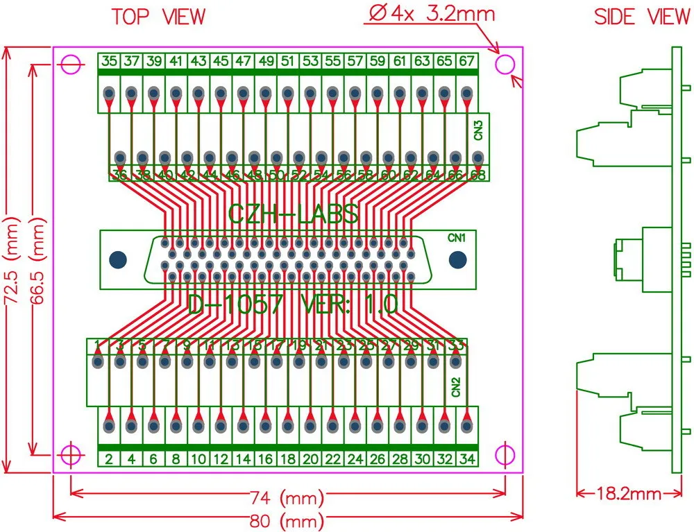 68-pin Half-Pitch/0.05" D-SUB Female Breakout Board, DSUB, SCSI, Terminal Module