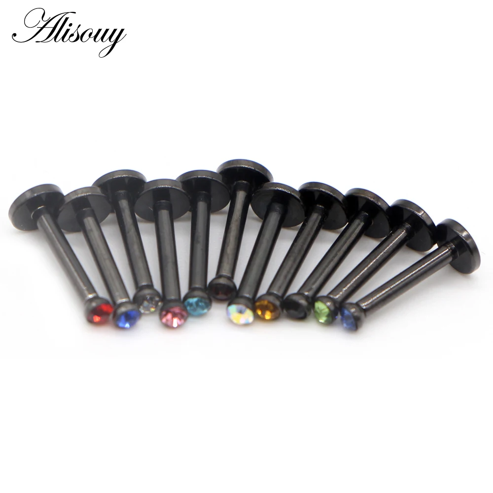 Alisouy 1pc Black Stainless Steel Zircon Crystal Earring Flat Labret Lip Piercing Tragus Rings Helix Ear Stud 8MM Body jewelry