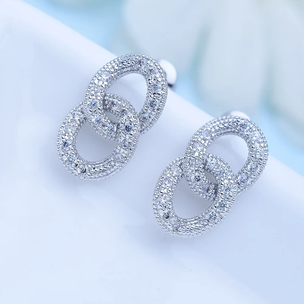 LUOTEEMI 2 Small Round Connected Stud Earring For Women Bridal Wedding Twisted Silver Color Korean Unusual Design Zircon Earring