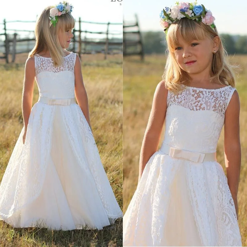 2020 Real Photo Lovely Lace Princess Baby Flower Girls Dresses With Bow For Weddings Kids Floor Length A Line Party Gowns