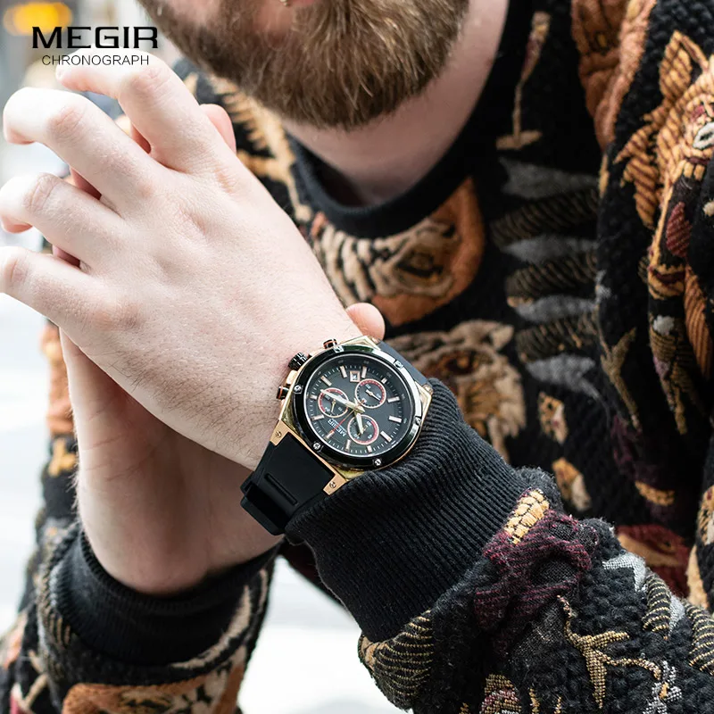 Imagem -05 - Megir Pulseira de Silicone Militar Relógios de Quartzo Homem Chronograph Relógio de Pulso 24 Horas Exibição Esportes do Exército Relógios Ouro Rosa 20731n0