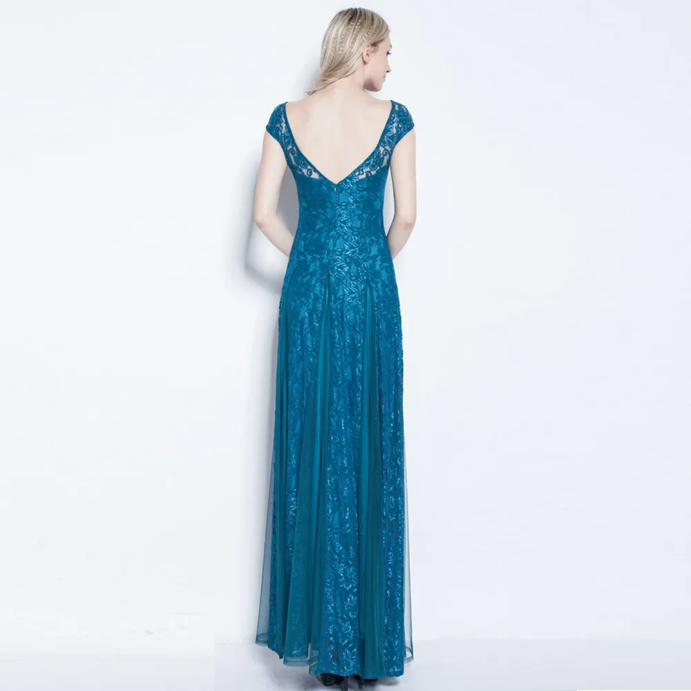 New 2018 Boat Neck Floor-Length Lace Cap Sleeve A-line Long formal Evening gown ball Prom Party dresses Teal us size 4 6 8 10 12