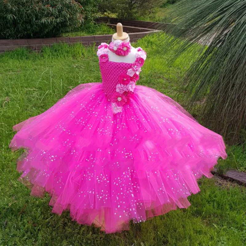 POSH DREAM Hot Pink Flower Girl Tutu Dress Wedding Dress Glittery V- Shaped Tutu Dress Junior Bridesmaid Dress for Children