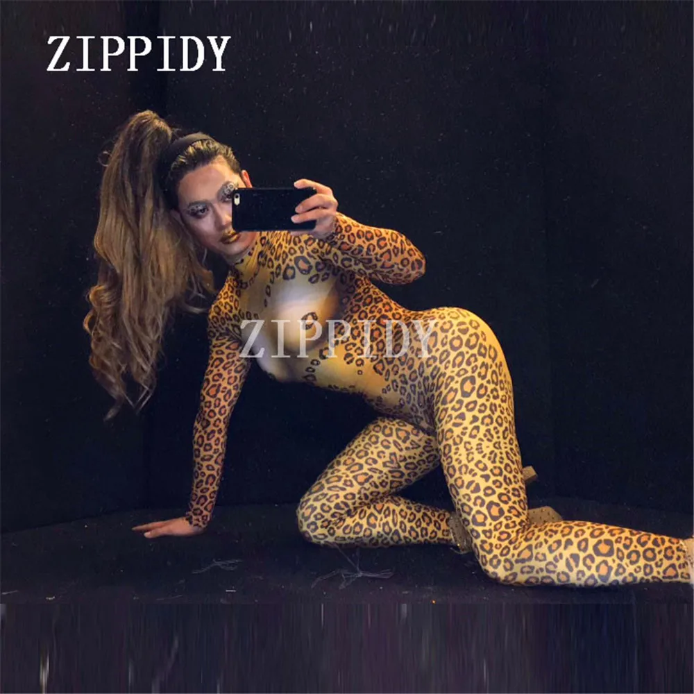 Baru Sexy Leopard Cetak Wanita Jumpsuit Macan Tutul Desain Kostum Stretch Skinny Penyanyi Pakaian Tari Kesempatan Kinerja Memakai