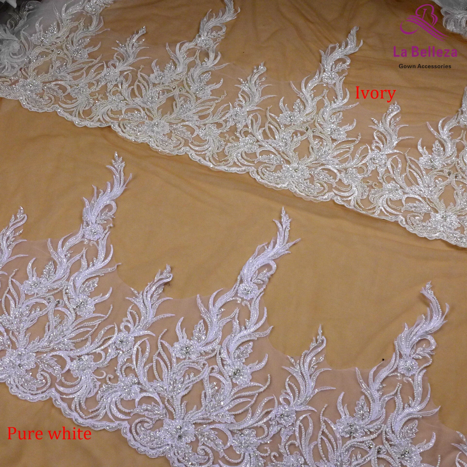 La Belleza large width lace trimming 55cm width pure white,off white handmade beaded lace 1 yard