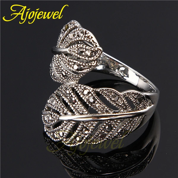 Ajojewel Retro Black Rhinestone Leaf Ring For Women Size 7-9 Fashion Hand Jewelry Vintage Collection Bijoux