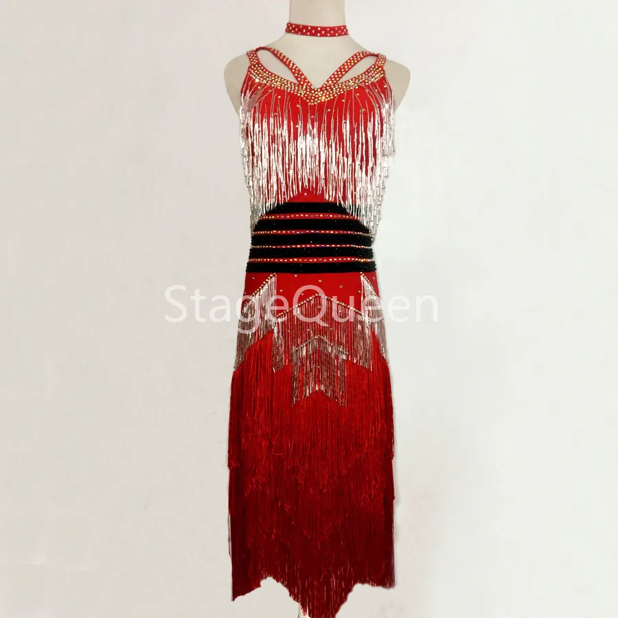 

Red Tassels Professional Latin Dance Dress Women Luxury Fringe Rhinestones Dresses For Girls Latin Competition Dance Dress