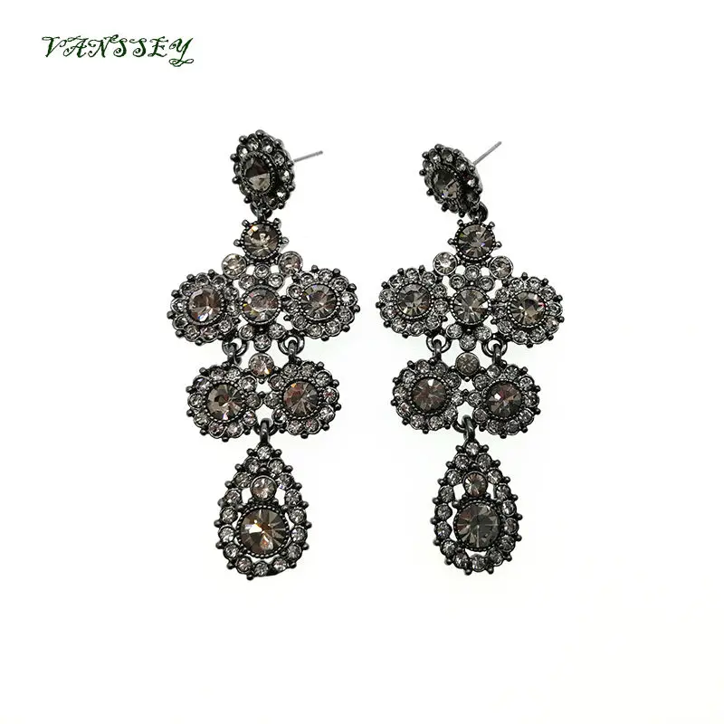 

Vanssey Vintage Geometirc Waterdrop Black Czech Rhinestone Dangle Earrings Party Wedding Accessories for Women 2017 New