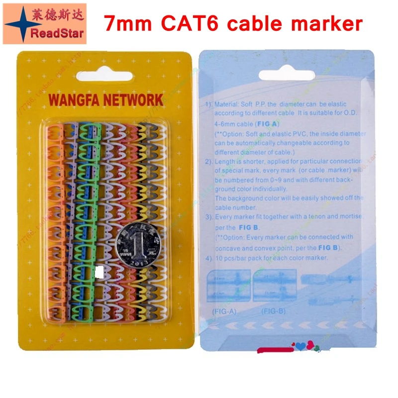 100PCS/Box ReadStar 7mm CAT6 network cable number marker clip 0-9 numbers cable markers 100pcs each retail packing