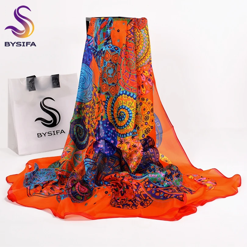 Orange Blue Winter Women Pure Silk Scarf Shawl Spring Fall Fashion Large Elegant Classical Long Scarves Wraps Printed 180*110cm