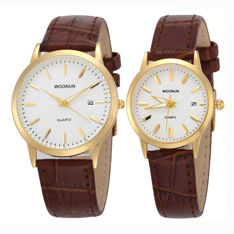 Woonun Top Mewah Merek Pasangan Jam Tangan untuk Pecinta Genuine Leather Strap QUARTZ-Watch Fashion Pria Wanita Pasangan Jam Tangan Terbaik hadiah