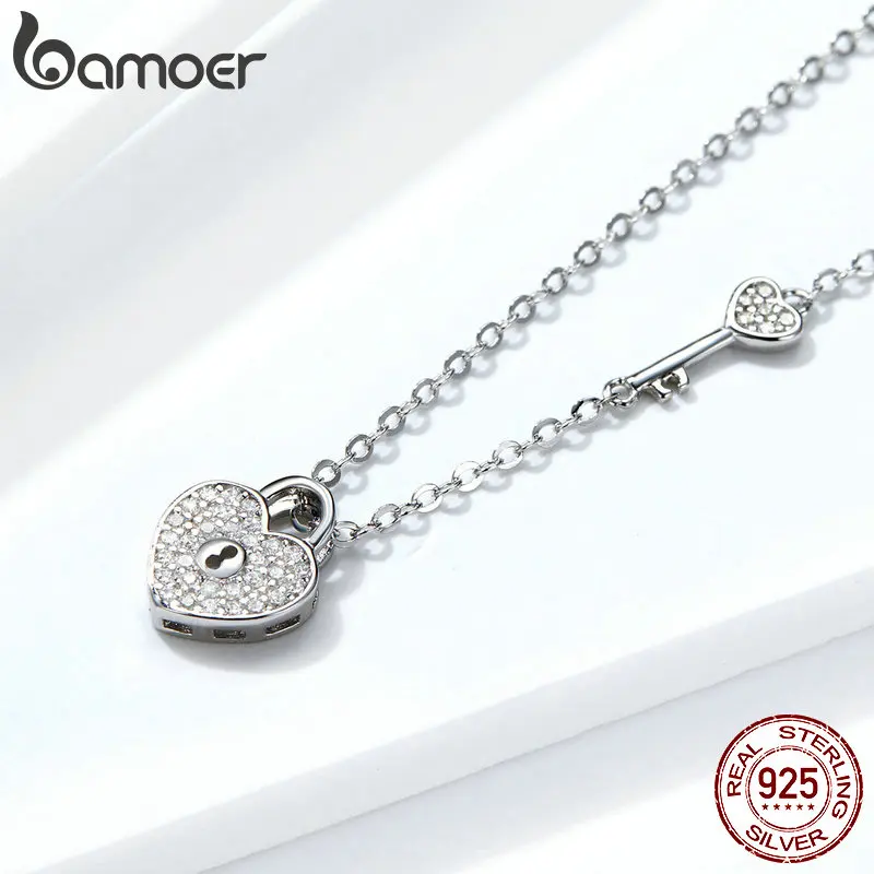 Bamoer New Arrival Luxury 925 Sterling Silver Love Heart Lock & Key Pendant Necklace for Women Wedding Fine Jewelry SCN315 image 3