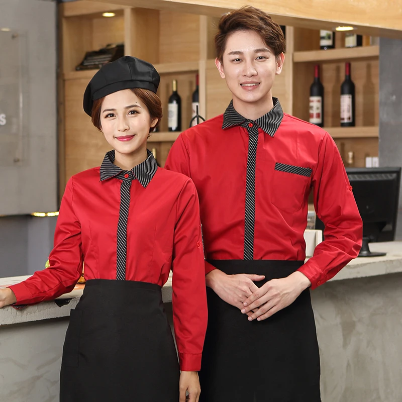 Wholesales Work Clothing 2024 Hotpot Restaurant Waiter Uniform+Apron Set Adjusted Sleeve Red Striped Work Wear DIY Logo Uniforms