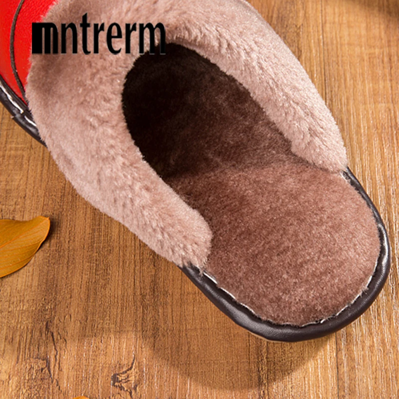 Mntrerm New Winter Men Genuine Leather Slippers Fur Warm Plush Leather Stitching Slides Oxford Flat Man Home Waterproof Shoes