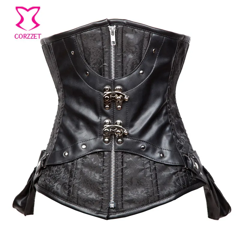 

Brocade&Leather Zipper Waist Trainer Underbust Corset Steampunk Plus Size Corsets And Bustiers Black Waist Cincher Steel Boned