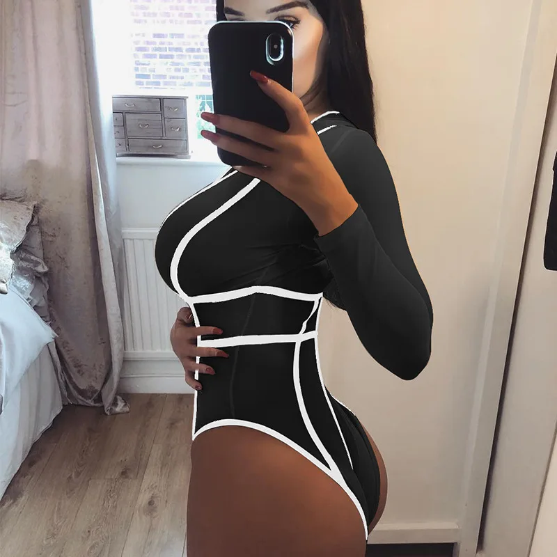 Hot Sale Panjang Lengan Bodysuit Jumpsuit Wanita Rompers Bodycon Hitam Merah Elegan Patchwork Deep-V One Piece Kurus Seksi bodysuit