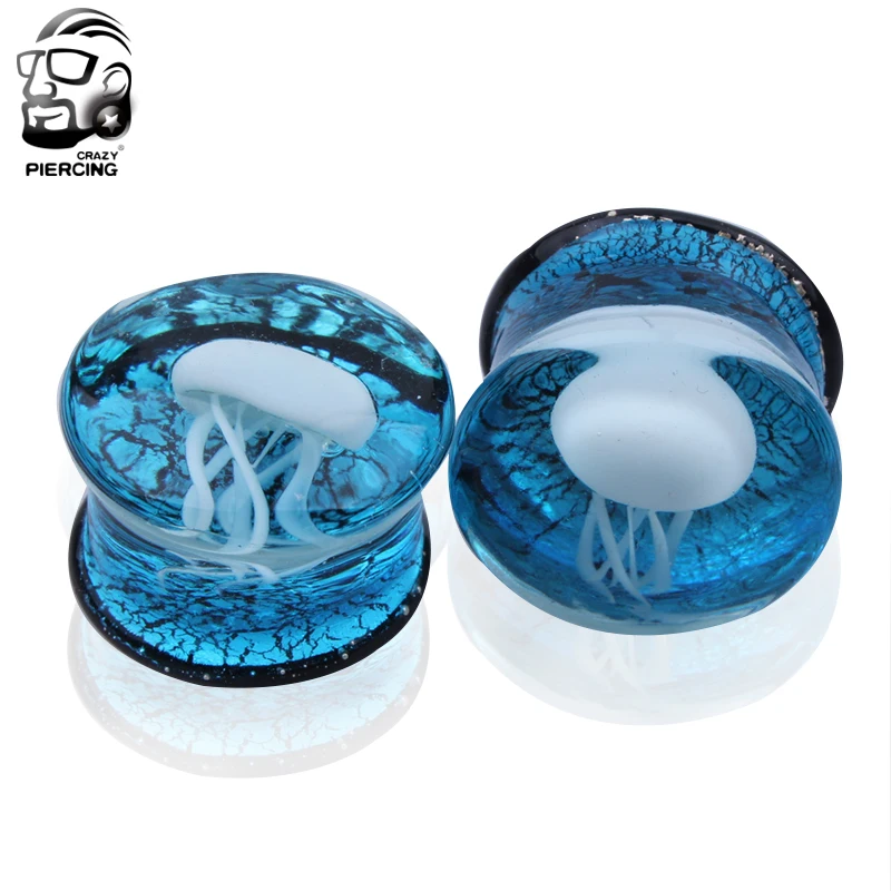 8mm-16mm Blue Translucent Glass Earrings White Jellyfish Logo Ear Plug Tunnel Ear Stretcher Expander Body Jewelry Fashion Oreja