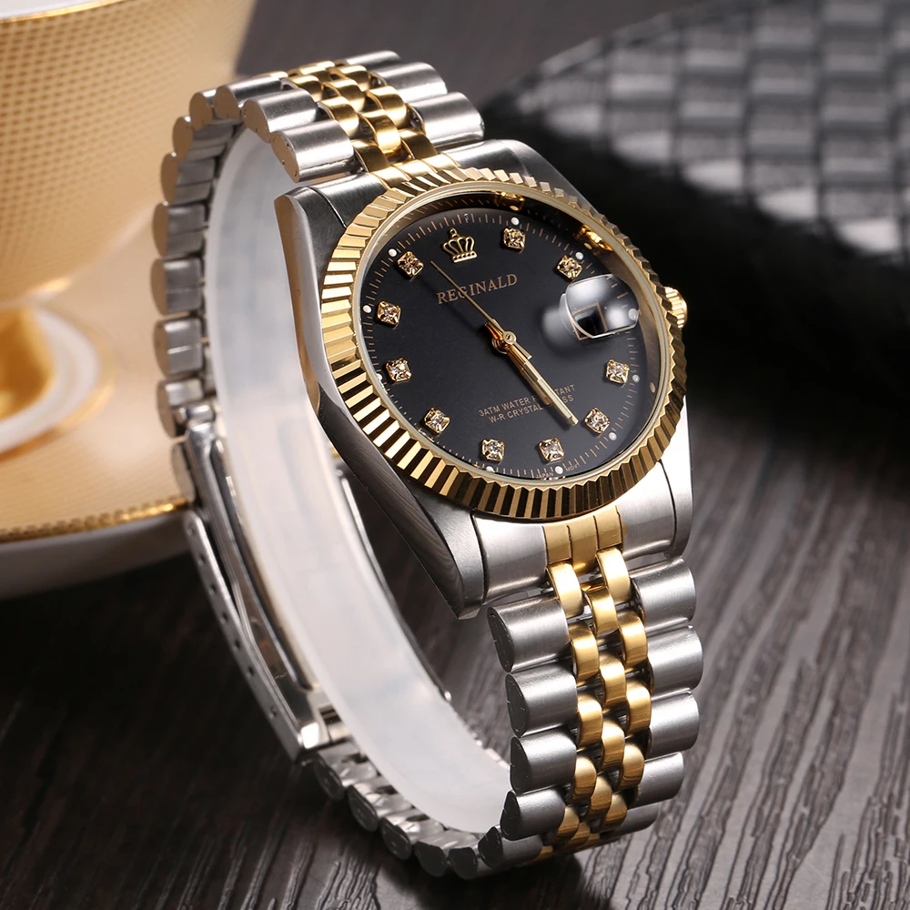 REGINALD Brand Mens Dress Style business watch Steel wristband Golden Men Quartz Watch Valentine\'s Day present For Man