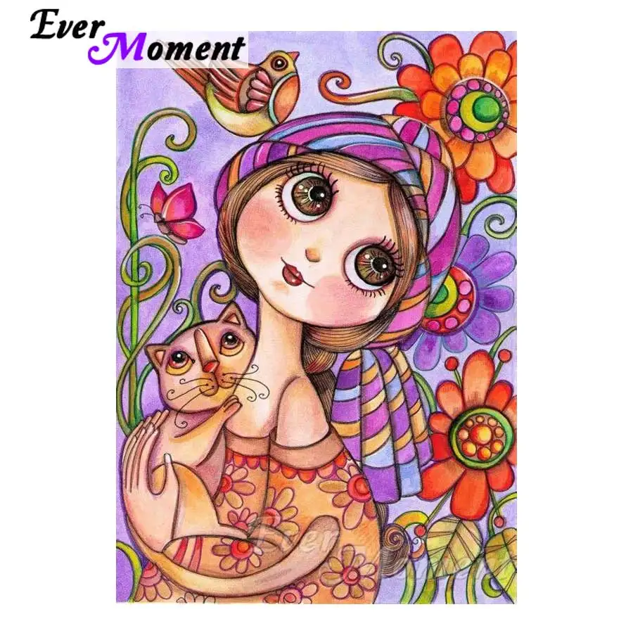 Ever Moment DIY Diamond Painting Cross Stitch Girl and Cat Mosaic Full Square Drills Rhinestone Artwork Home Decoration ASF1194