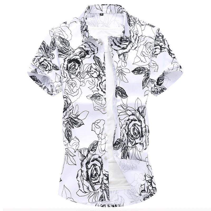 

Summer new short-sleeved printed shirt Men's single breasted lapel shirt Blue rose shirts big size S-5XL 6XL 7XL Camisa/Chemise